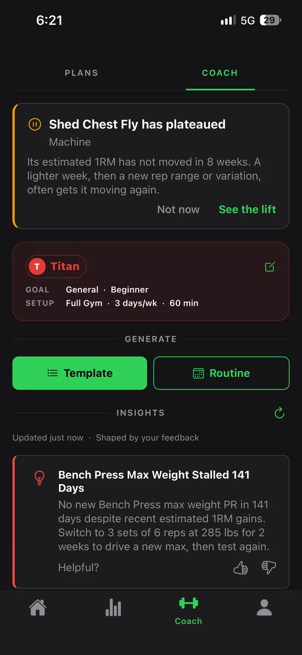 AI Coach tab with a plateaued lift, routine and template generation, and training insights
