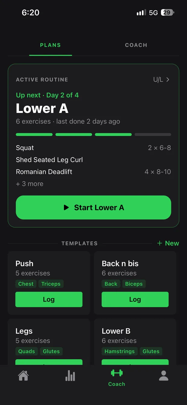 Plans tab with the active routine's next day, its exercises and a Start button, above saved templates