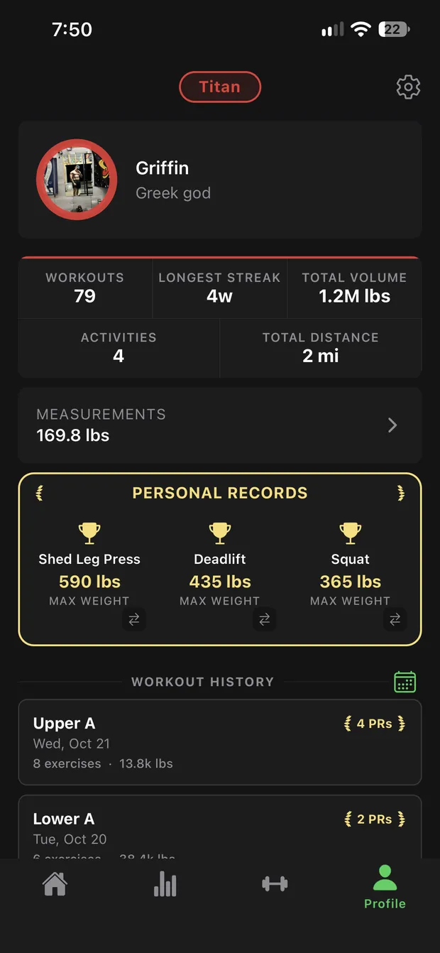 Profile screen showing Titan Greek Rank, lifetime stats and personal records