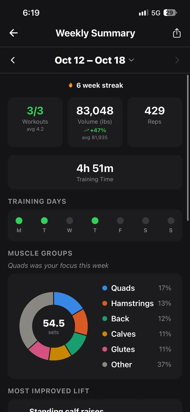 Weekly Summary with workouts, volume, reps, training time, training days and a muscle group breakdown