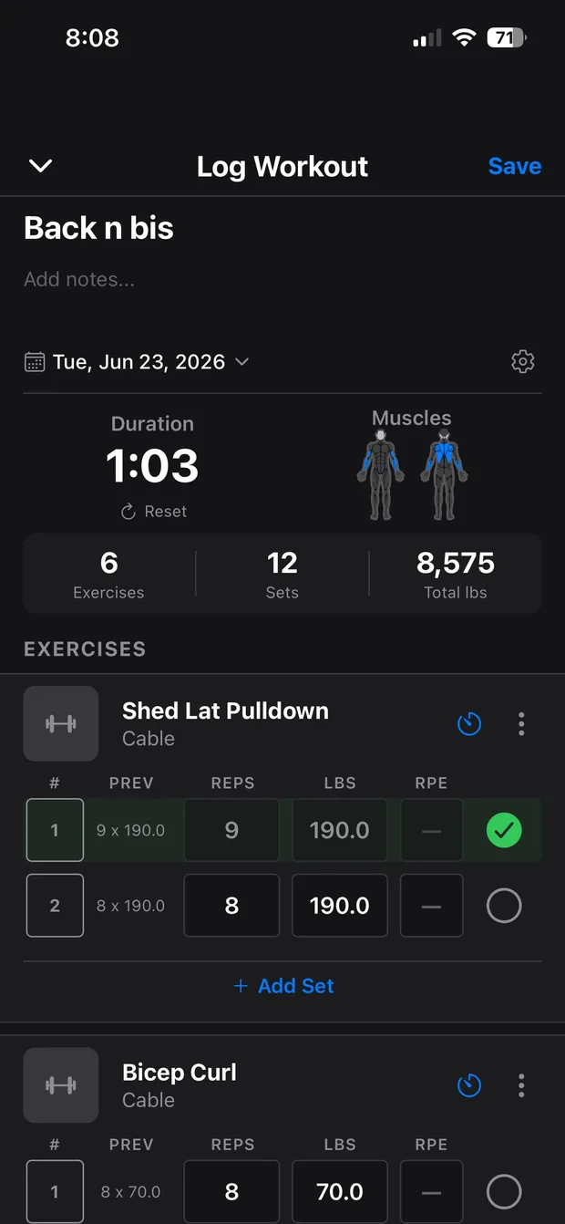 Live workout logging screen with previous set values, reps, weight and RPE